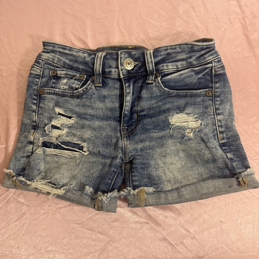 American Eagle Booty Short Stretch Cut Off Denim‎ Blue Distressed Size 00